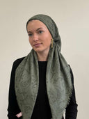 Muted sage green paisley headscarf Tyedheadscarves